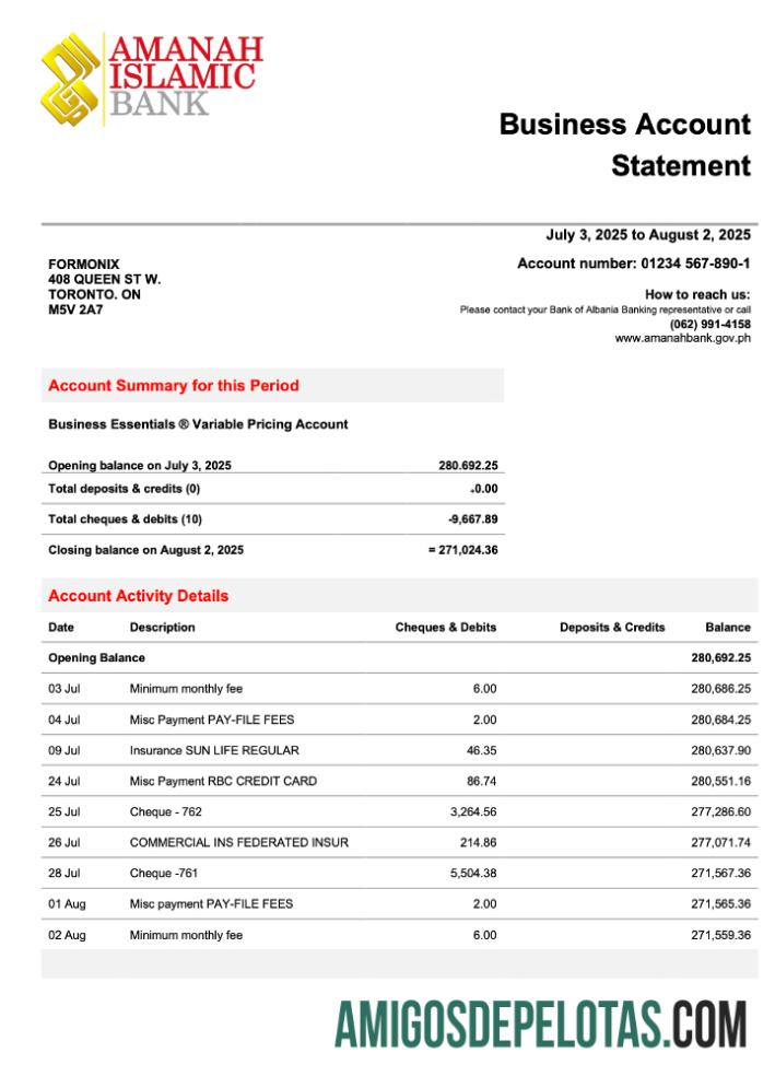 Exemplo de declaração de empresa de investimento islâmico Al Amanah das Filipinas em formato Word e PDF
